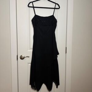 Eva Blue Black Beaded Handkerchief Hem Cocktail Dress Size 12 Spaghetti Strap
